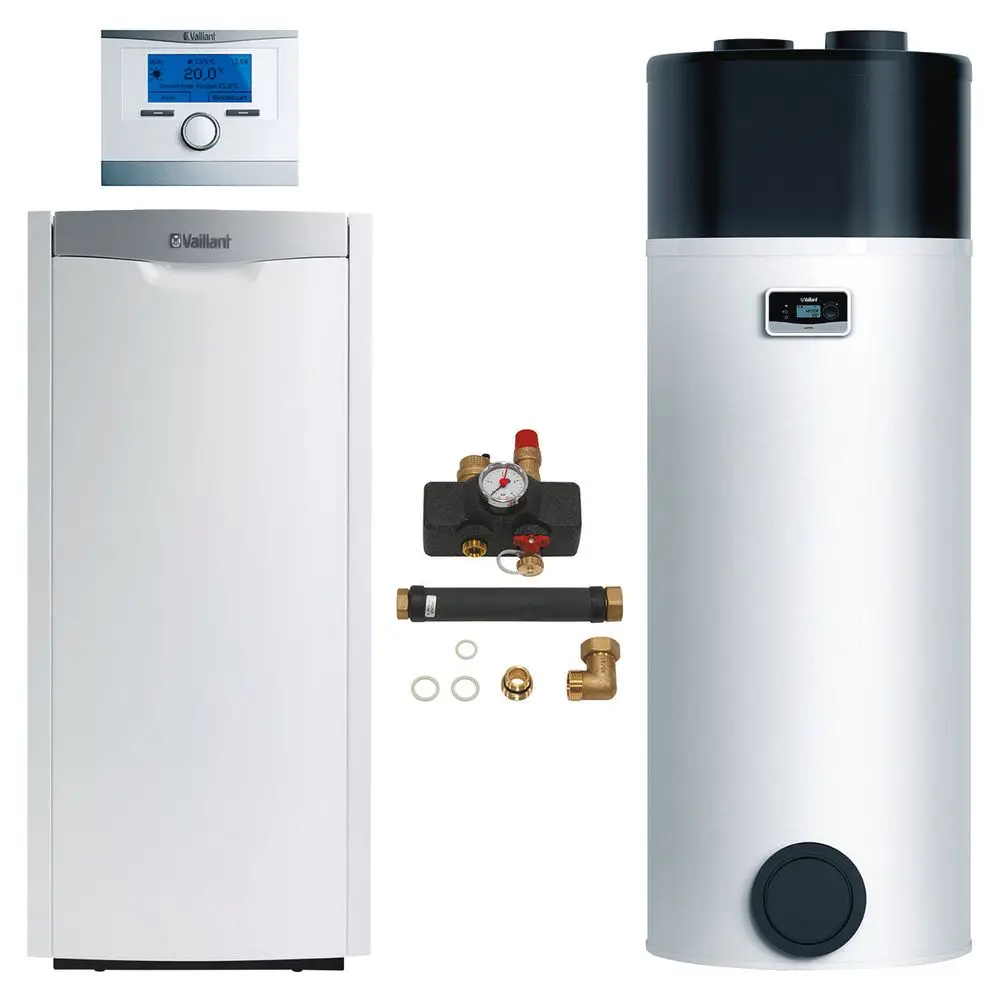 Vaillant-Heizsystem bestehend aus einem Wandgerät, einem Pufferspeicher und Zubehörteilen zur Installation, angeordnet auf einem neutralen Hintergrund.